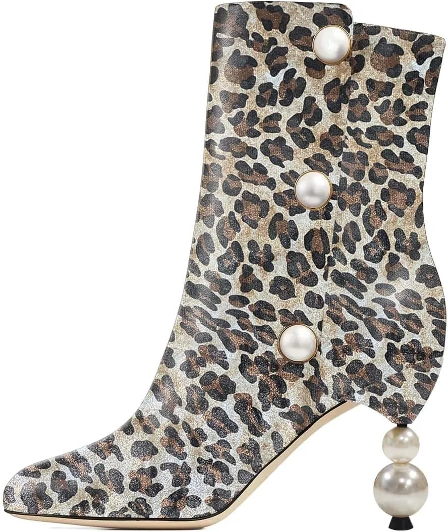 XYD Women Chic Pearl Closed Round Toe Ankle Boots Pull On High Heel Mid Calf Short Bootie Evening Party Event Dress Shoes