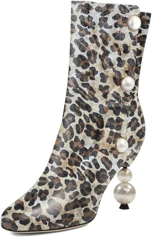 XYD Women Chic Pearl Closed Round Toe Ankle Boots Pull On High Heel Mid Calf Short Bootie Evening Party Event Dress Shoes