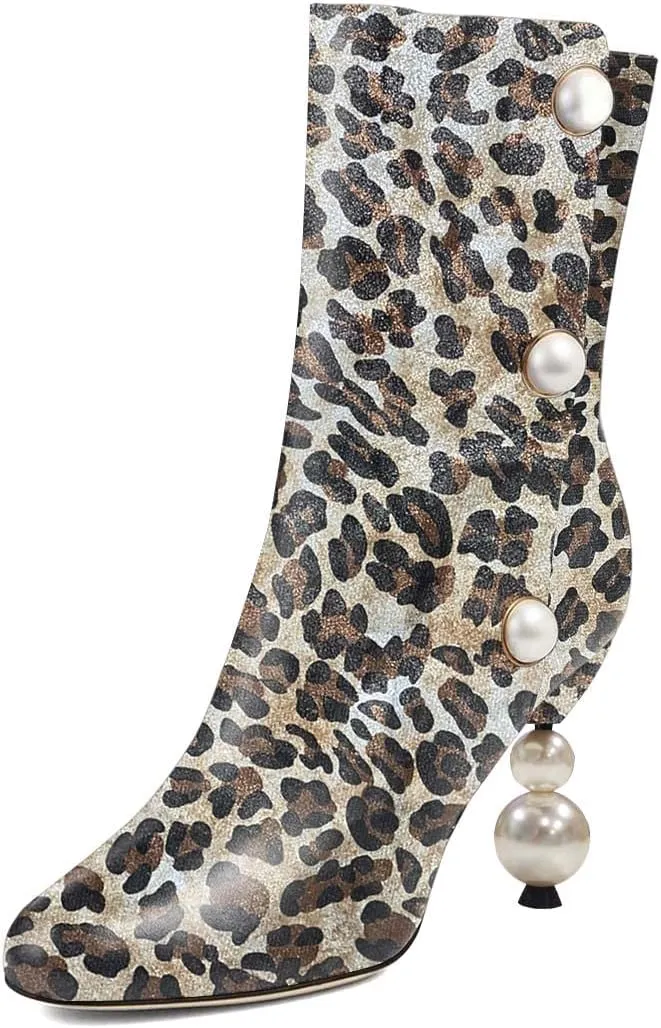 XYD Women Chic Pearl Closed Round Toe Ankle Boots Pull On High Heel Mid Calf Short Bootie Evening Party Event Dress Shoes
