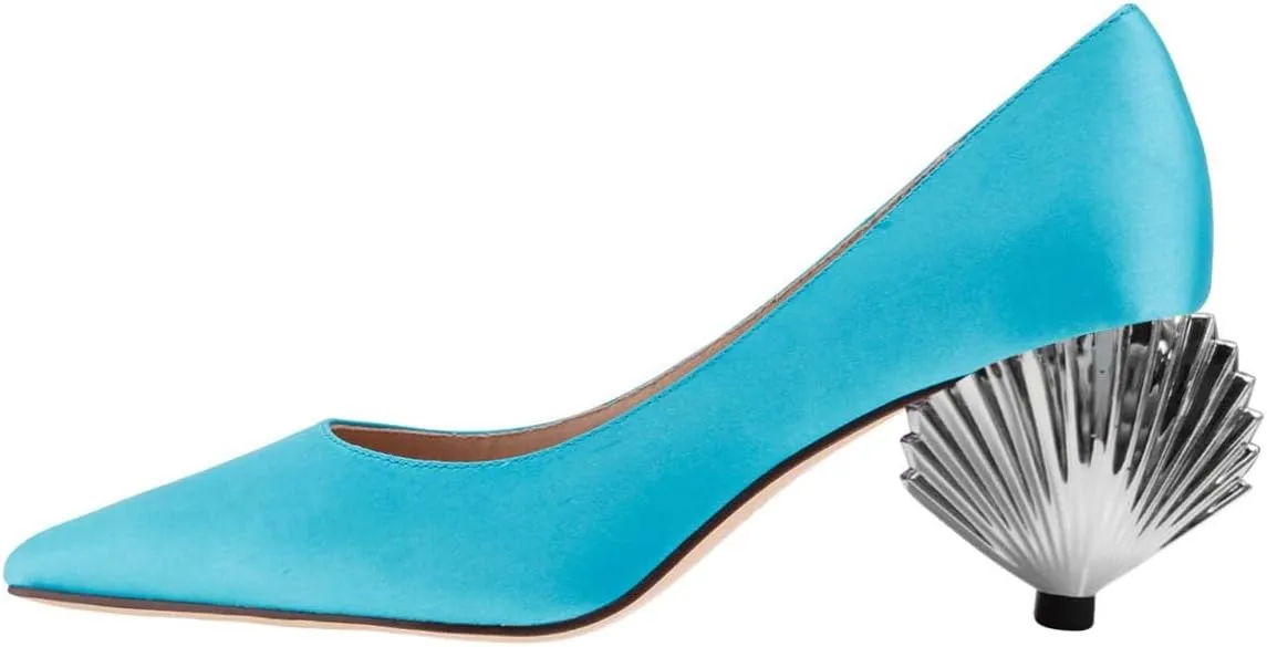 XYD Women Closed Pointy Toe Mid Scallop Shape Heel Pumps Slip On Dressy Cocktail Evening Party Event Shoes