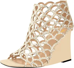 XYD Women Cutout Square Open Toe Wedges High Heel Sandals Back Zipper Gladiator Strappy Event Dress Shoes