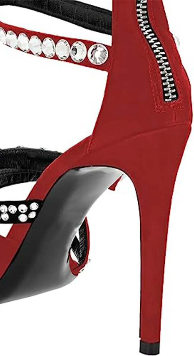 XYD Women Edgy Spikes Open Toe High Heels Sandals Rivets Crystals Back Zip Sharp Stiletto Pumps Nightclub Event Shoes