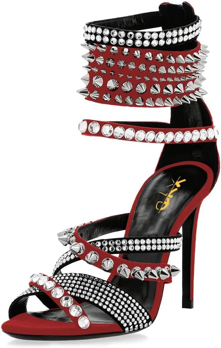 XYD Women Edgy Spikes Open Toe High Heels Sandals Rivets Crystals Back Zip Sharp Stiletto Pumps Nightclub Event Shoes