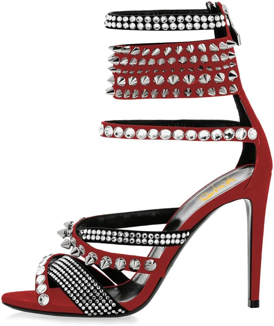 XYD Women Edgy Spikes Open Toe High Heels Sandals Rivets Crystals Back Zip Sharp Stiletto Pumps Nightclub Event Shoes
