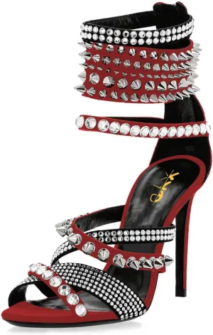 XYD Women Edgy Spikes Open Toe High Heels Sandals Rivets Crystals Back Zip Sharp Stiletto Pumps Nightclub Event Shoes