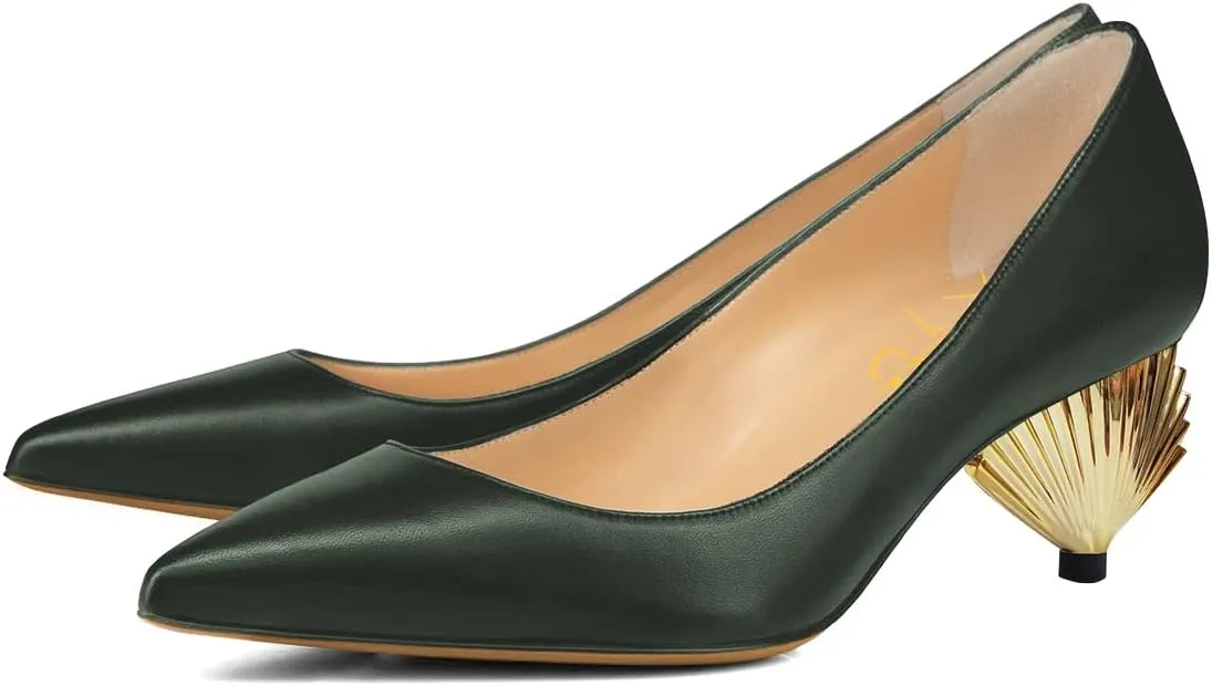 XYD Women Elegant Mid Scallop Shape Heel Slip On Closed Pointy Toe Pumps Party Event Office Work Shoes