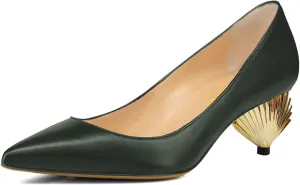 XYD Women Elegant Mid Scallop Shape Heel Slip On Closed Pointy Toe Pumps Party Event Office Work Shoes