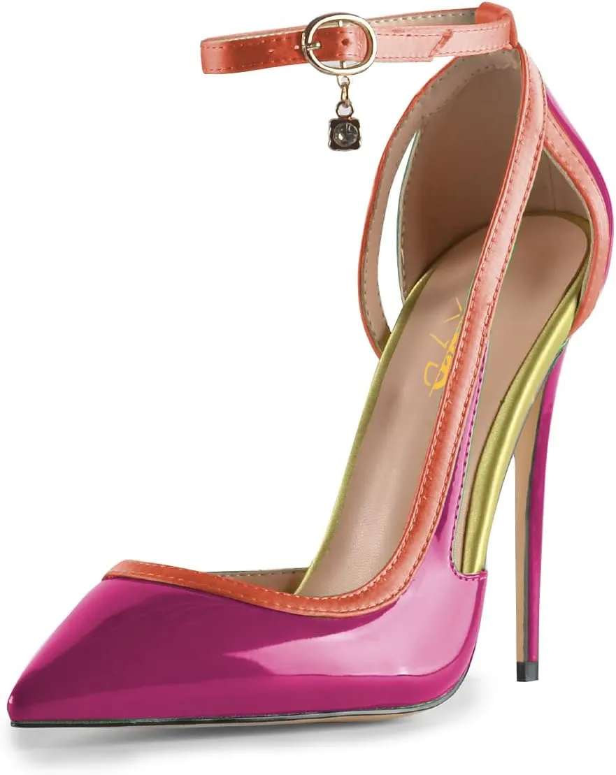 XYD Women Gorgeous D'Orsay Patent Leather & Satin High Heel Pumps Ankle Strappy Fashion Two Toned Drooping Rhinestone Formal Event Stiletto Shoes