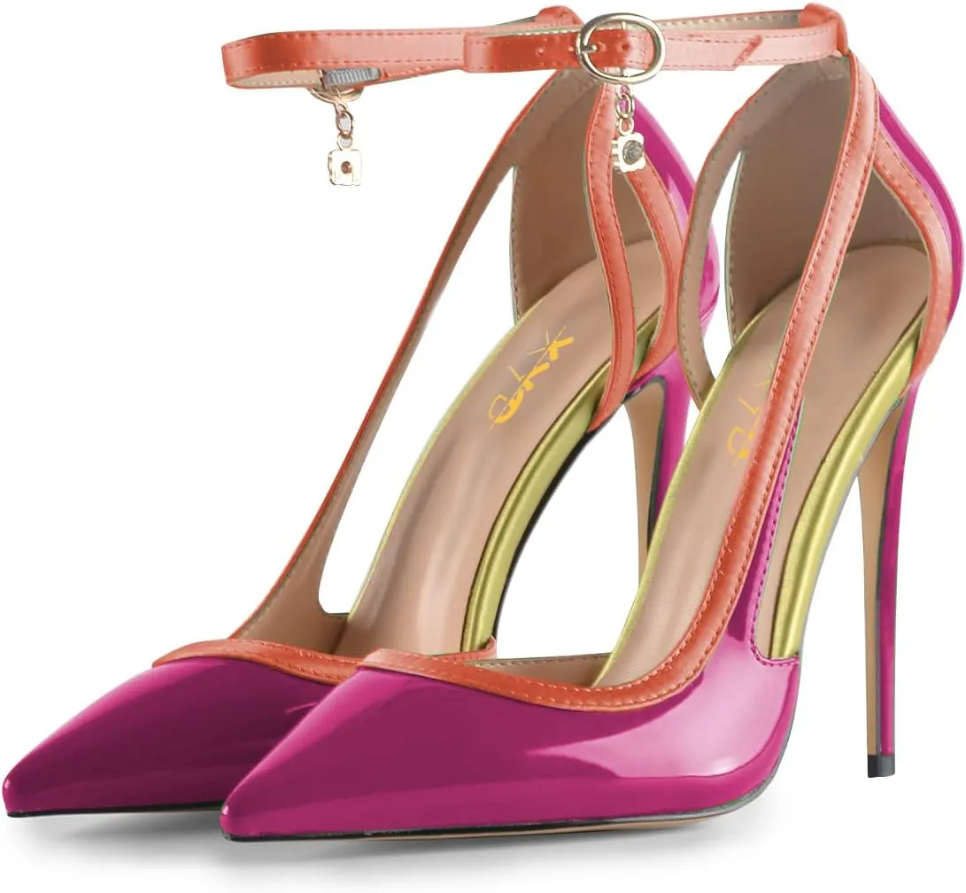 XYD Women Gorgeous D'Orsay Patent Leather & Satin High Heel Pumps Ankle Strappy Fashion Two Toned Drooping Rhinestone Formal Event Stiletto Shoes