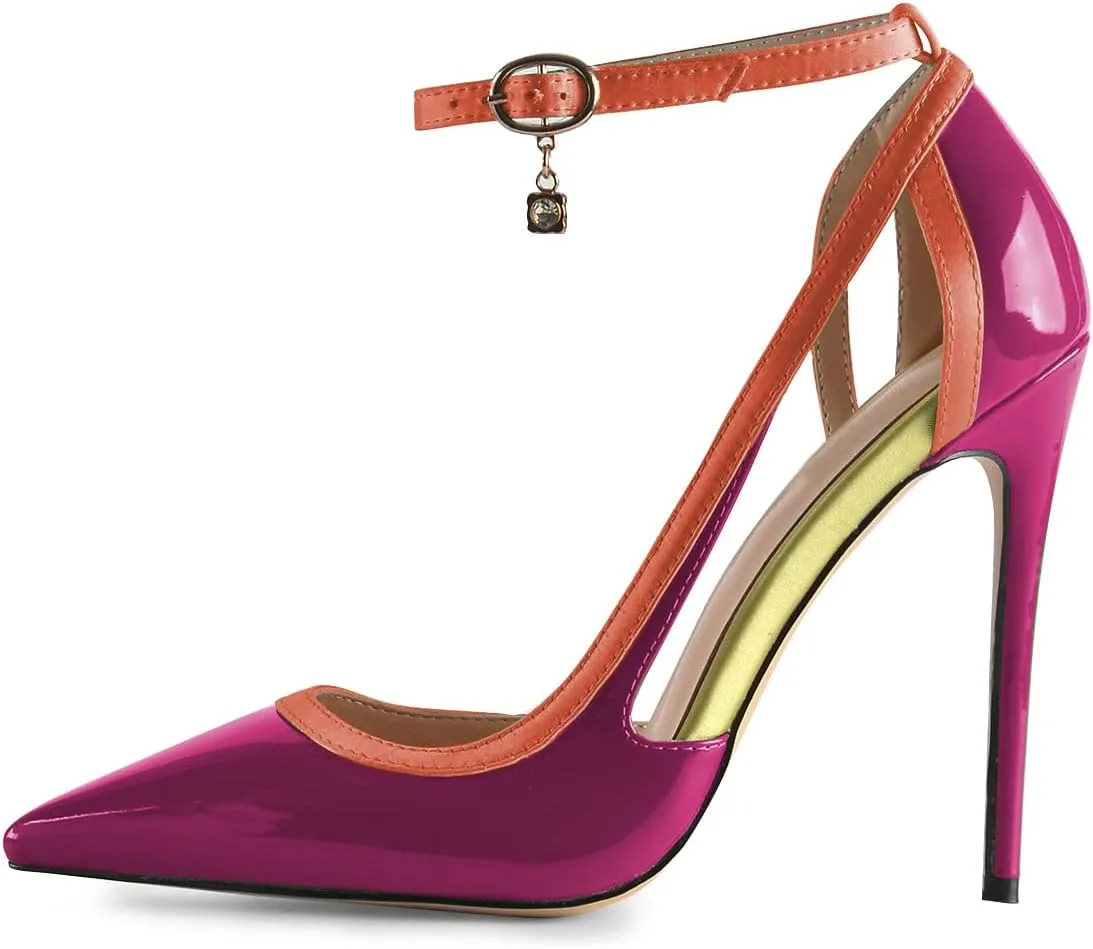 XYD Women Gorgeous D'Orsay Patent Leather & Satin High Heel Pumps Ankle Strappy Fashion Two Toned Drooping Rhinestone Formal Event Stiletto Shoes