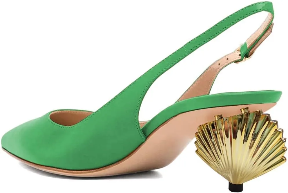 XYD Women Mid Scallop Shape Heel Slingback Buckled Closed Pointed Toe Pumps Pull On Party Event Club Dressy Shoes