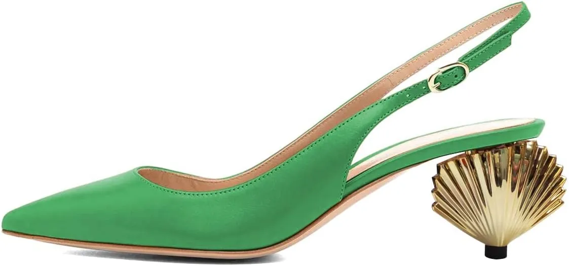 XYD Women Mid Scallop Shape Heel Slingback Buckled Closed Pointed Toe Pumps Pull On Party Event Club Dressy Shoes