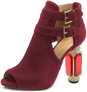 XYD Women Peep Toe Booties Style Pumps Fancy Cylindrical Crystal Block Heels Dual Buckles Ladies Event Party Shoes