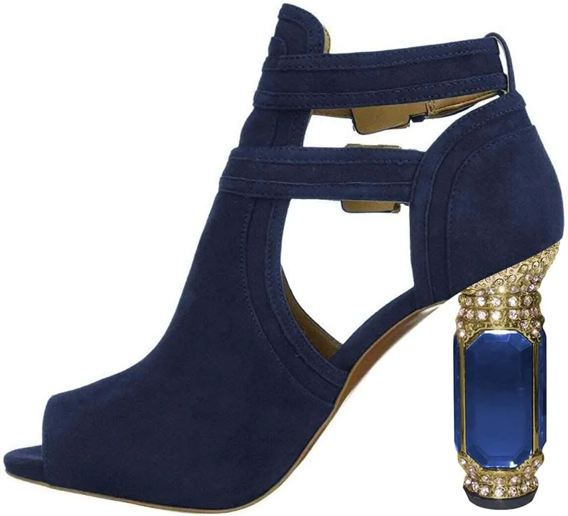 XYD Women Peep Toe Booties Style Pumps Fancy Cylindrical Crystal Block Heels Dual Buckles Ladies Event Party Shoes