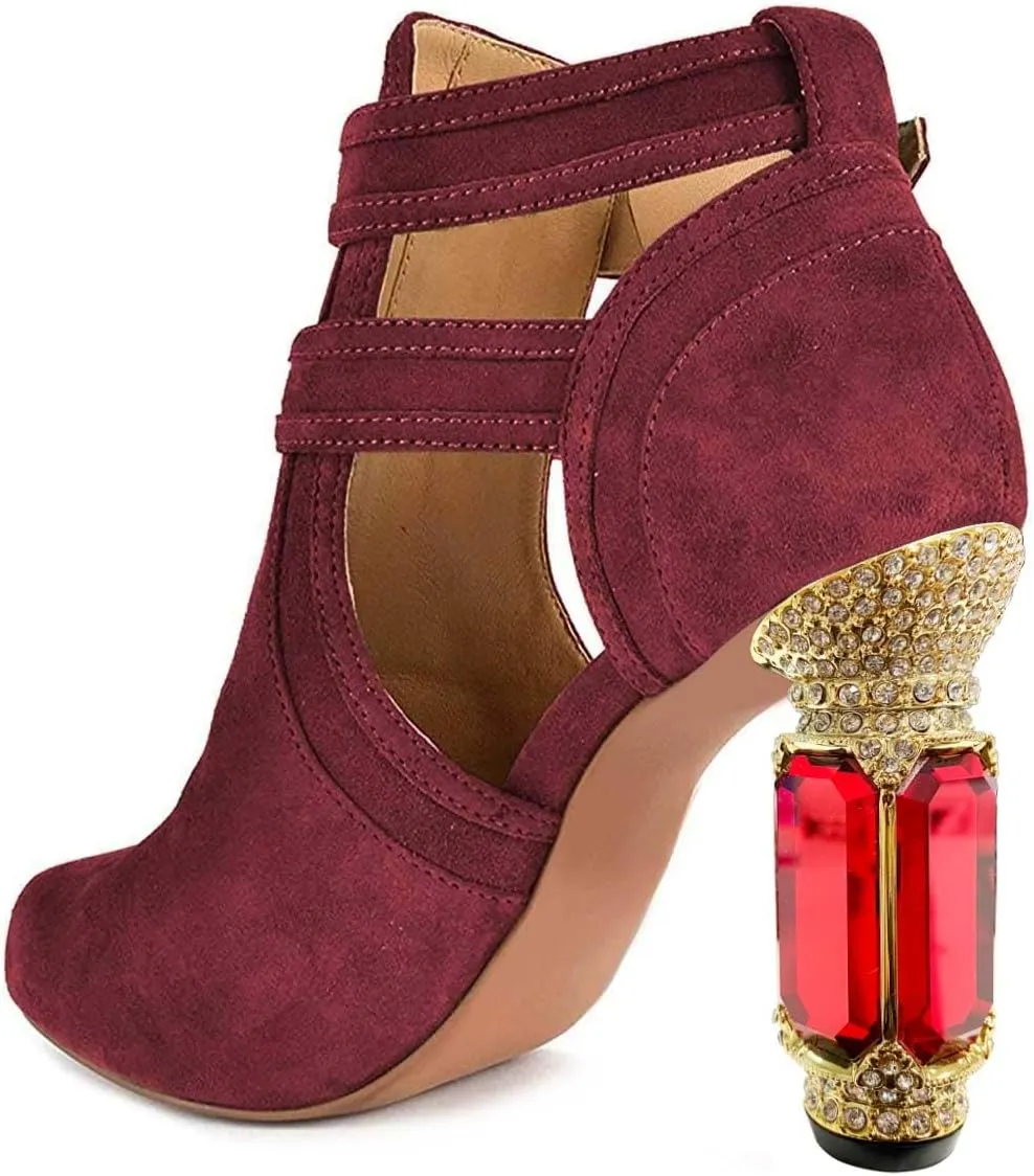 XYD Women Peep Toe Booties Style Pumps Fancy Cylindrical Crystal Block Heels Dual Buckles Ladies Event Party Shoes