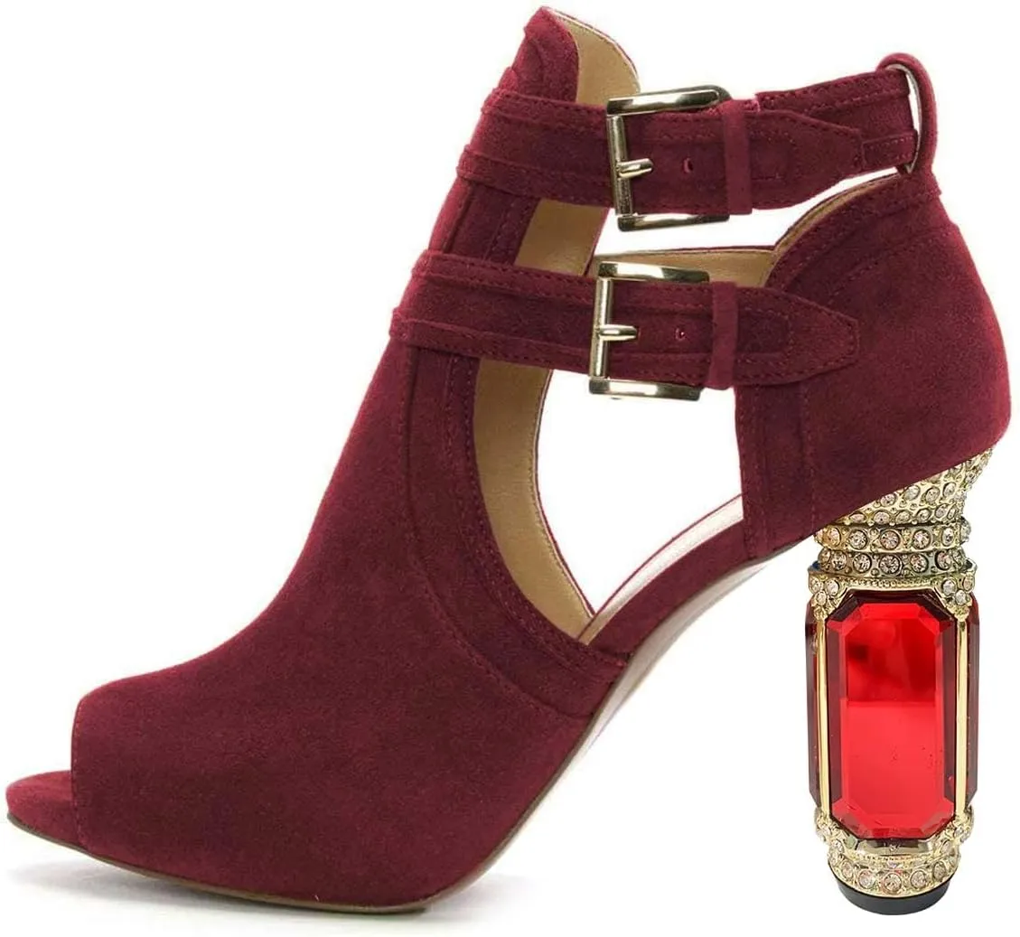 XYD Women Peep Toe Booties Style Pumps Fancy Cylindrical Crystal Block Heels Dual Buckles Ladies Event Party Shoes