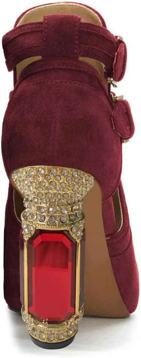 XYD Women Peep Toe Booties Style Pumps Fancy Cylindrical Crystal Block Heels Dual Buckles Ladies Event Party Shoes