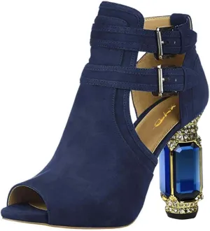 XYD Women Peep Toe Booties Style Pumps Fancy Cylindrical Crystal Block Heels Dual Buckles Ladies Event Party Shoes