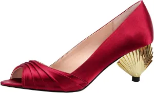 XYD Women Peep Toe Mid Scallop Shape Heel Slip On Pumps Comfortable Walking Dressy Party Event Shoes