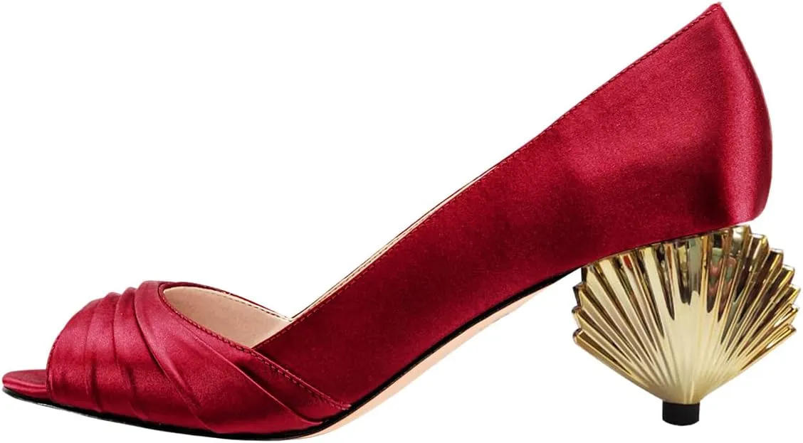 XYD Women Peep Toe Mid Scallop Shape Heel Slip On Pumps Comfortable Walking Dressy Party Event Shoes