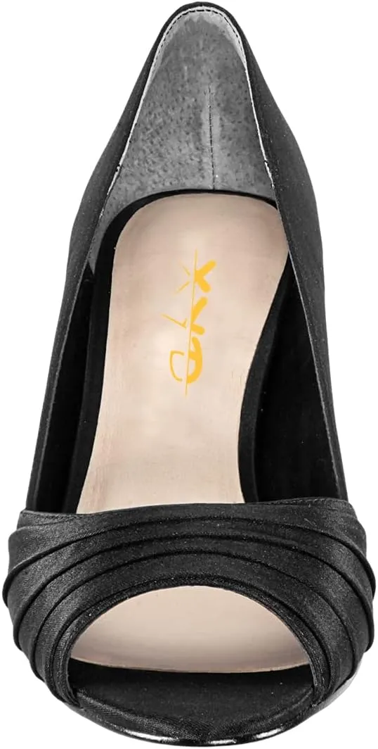 XYD Women Peep Toe Mid Scallop Shape Heel Slip On Pumps Comfortable Walking Dressy Party Event Shoes
