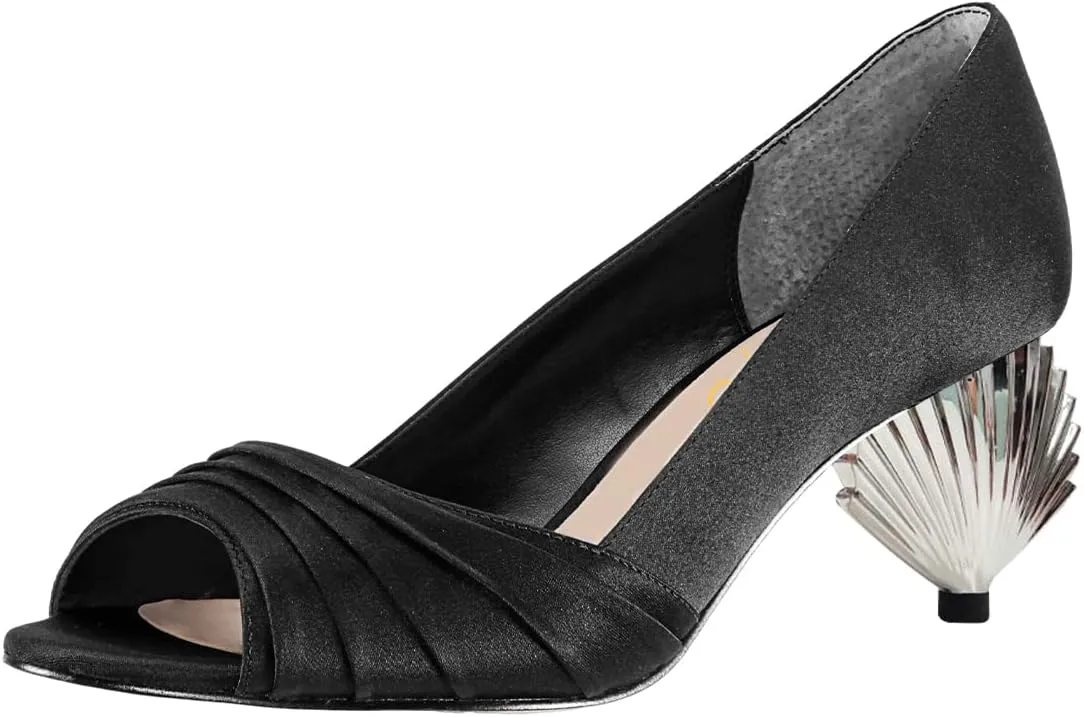 XYD Women Peep Toe Mid Scallop Shape Heel Slip On Pumps Comfortable Walking Dressy Party Event Shoes