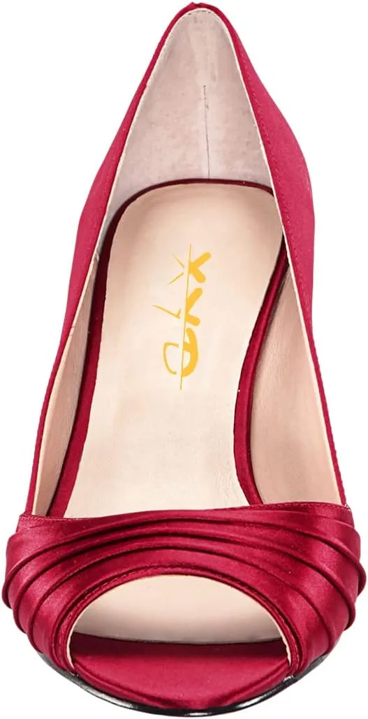 XYD Women Peep Toe Mid Scallop Shape Heel Slip On Pumps Comfortable Walking Dressy Party Event Shoes
