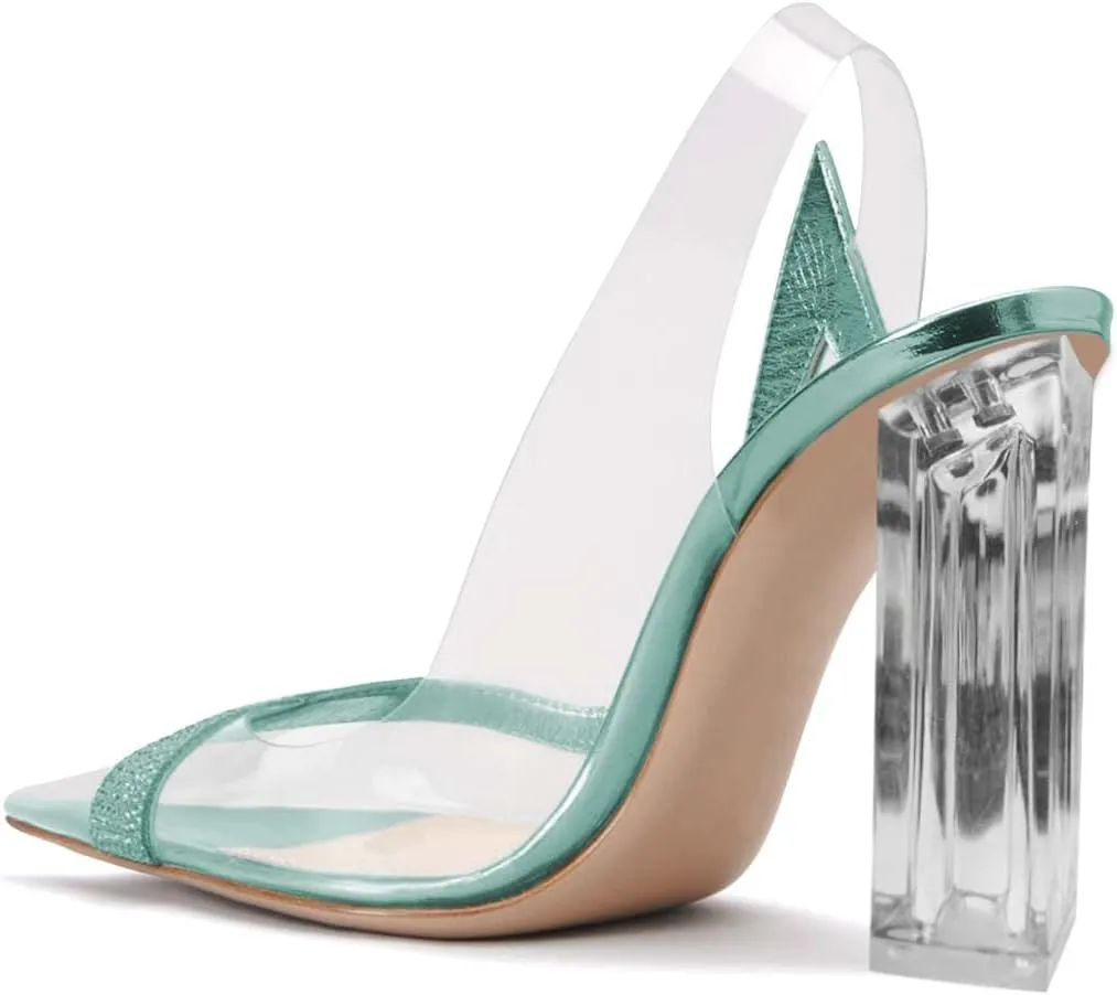 XYD Women Pointed Toe Dress Chunky Pumps Transparent Slingback Strap Crystal High Heel Sandal Rhinestone Clear Party Event Shoes