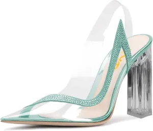 XYD Women Pointed Toe Dress Chunky Pumps Transparent Slingback Strap Crystal High Heel Sandal Rhinestone Clear Party Event Shoes