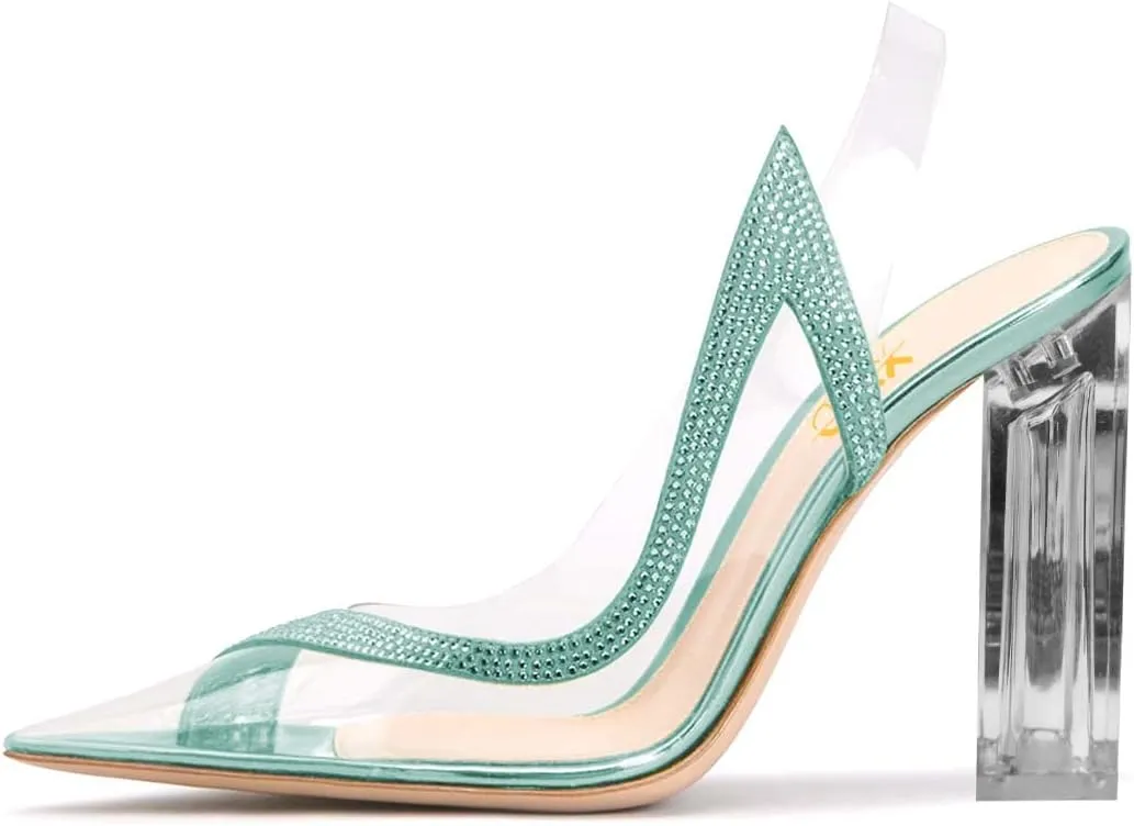 XYD Women Pointed Toe Dress Chunky Pumps Transparent Slingback Strap Crystal High Heel Sandal Rhinestone Clear Party Event Shoes