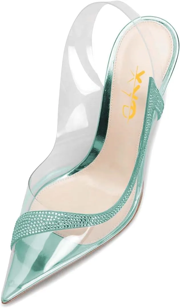 XYD Women Pointed Toe Dress Chunky Pumps Transparent Slingback Strap Crystal High Heel Sandal Rhinestone Clear Party Event Shoes
