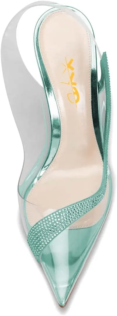XYD Women Pointed Toe Dress Chunky Pumps Transparent Slingback Strap Crystal High Heel Sandal Rhinestone Clear Party Event Shoes