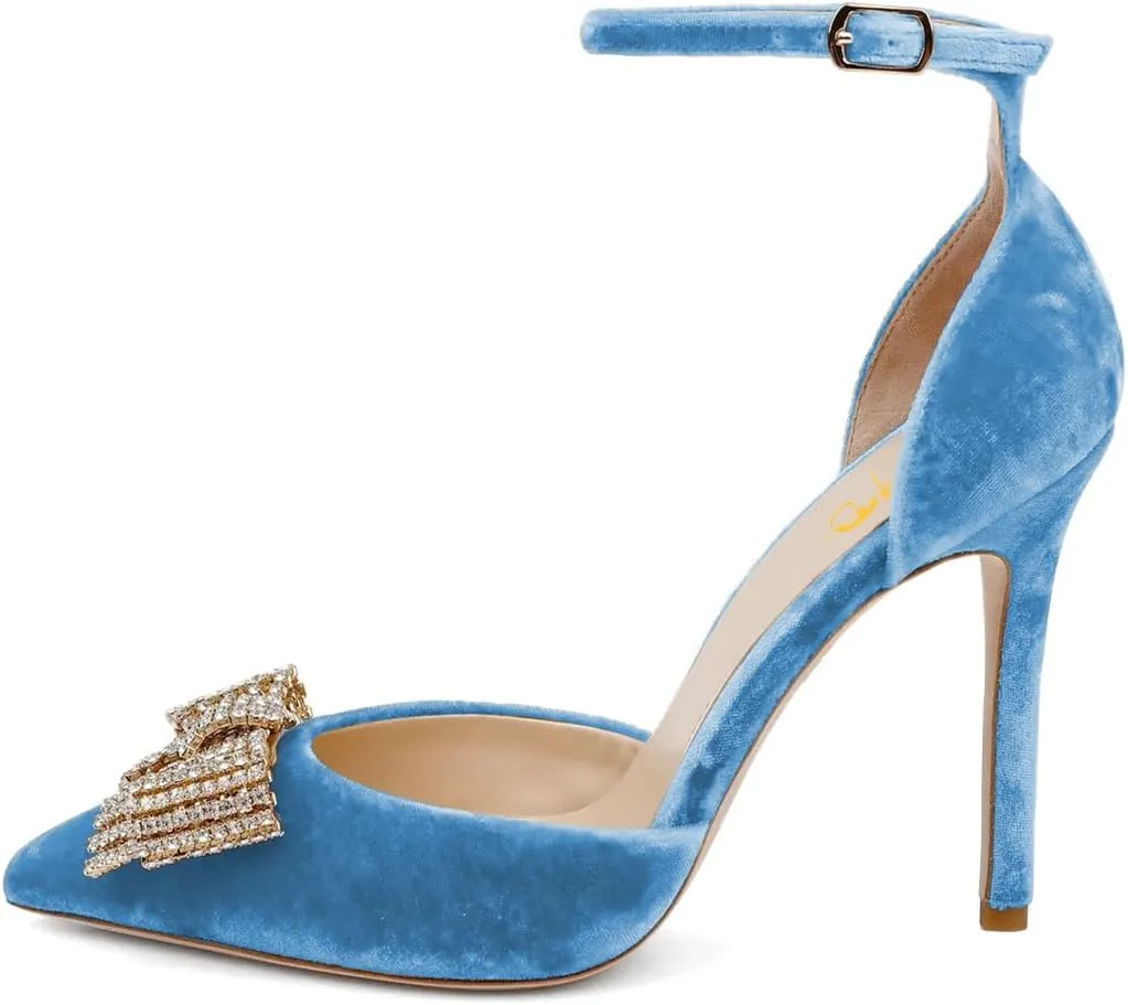 XYD Women Pointed Toe Velvet Pumps with Sparkling Rhinestone Bowknot Stiletto Heels Ankle Strap D'Orsay Wedding Event Shoes