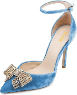 XYD Women Pointed Toe Velvet Pumps with Sparkling Rhinestone Bowknot Stiletto Heels Ankle Strap D'Orsay Wedding Event Shoes