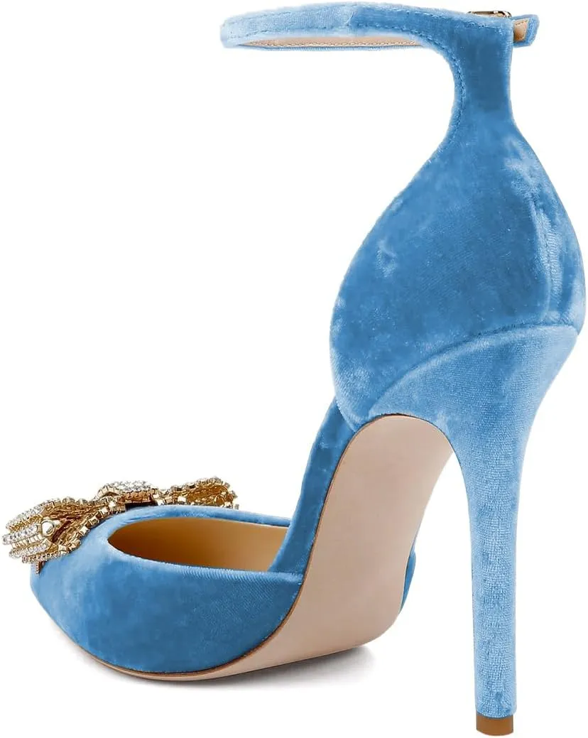 XYD Women Pointed Toe Velvet Pumps with Sparkling Rhinestone Bowknot Stiletto Heels Ankle Strap D'Orsay Wedding Event Shoes