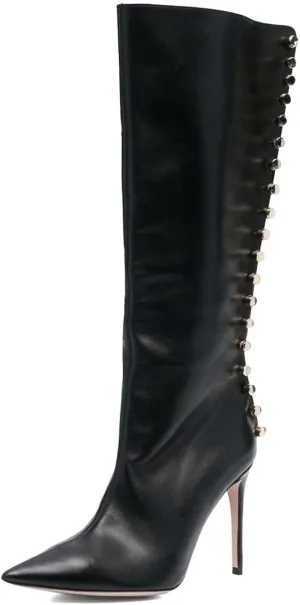 XYD Women Sexy Rivets Closed Pointed Toe Stiletto High Heel Knee High Boots Side Zipper Party Event Nightclub Shoes
