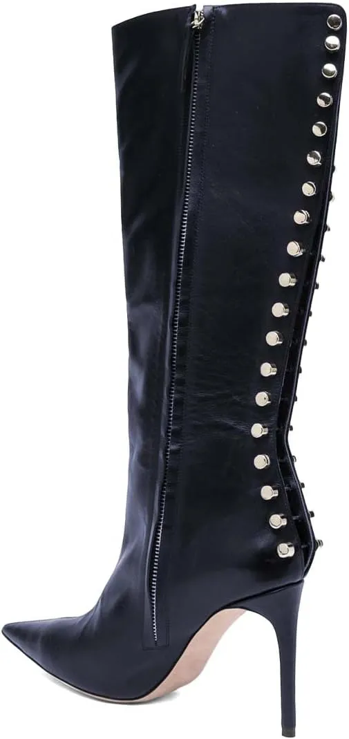 XYD Women Sexy Rivets Closed Pointed Toe Stiletto High Heel Knee High Boots Side Zipper Party Event Nightclub Shoes
