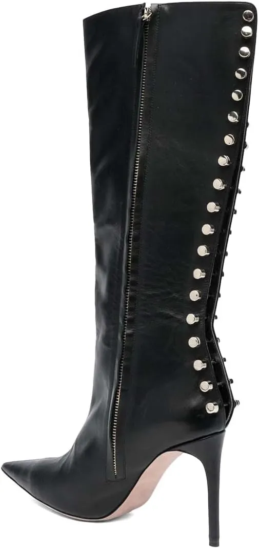 XYD Women Sexy Rivets Closed Pointed Toe Stiletto High Heel Knee High Boots Side Zipper Party Event Nightclub Shoes