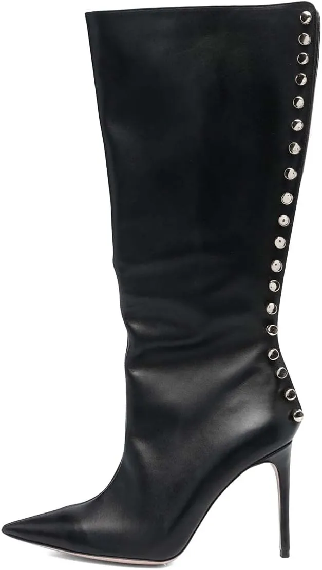 XYD Women Sexy Rivets Closed Pointed Toe Stiletto High Heel Knee High Boots Side Zipper Party Event Nightclub Shoes