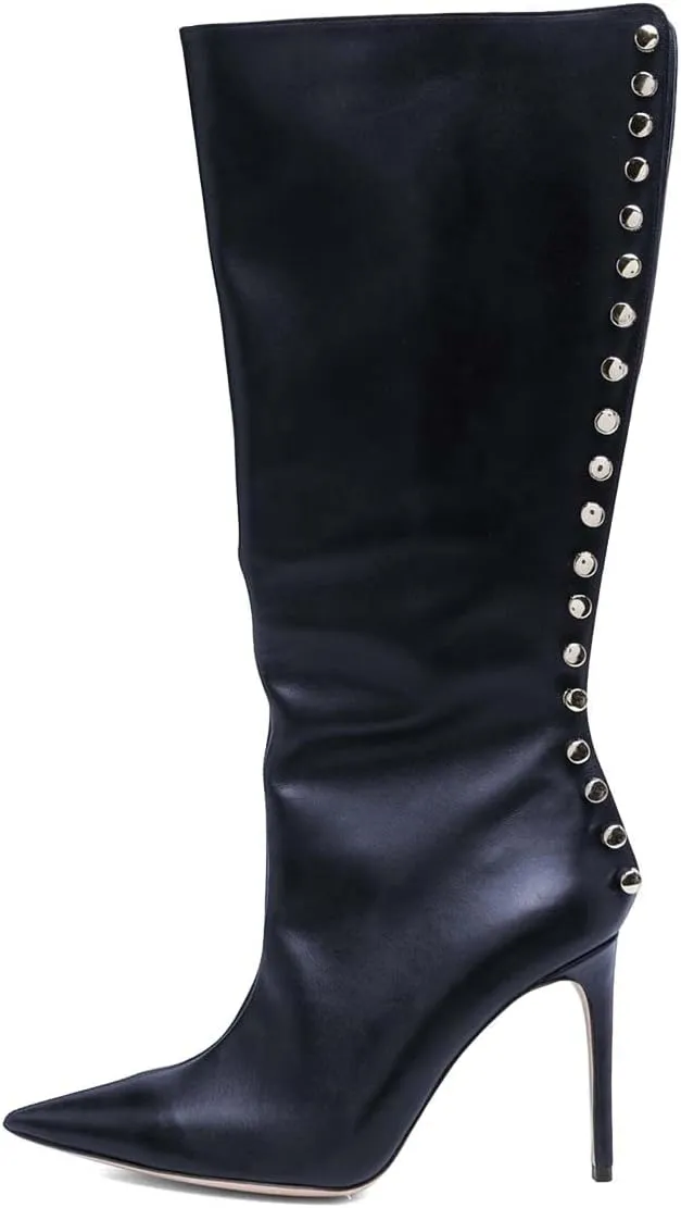 XYD Women Sexy Rivets Closed Pointed Toe Stiletto High Heel Knee High Boots Side Zipper Party Event Nightclub Shoes