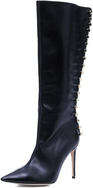 XYD Women Sexy Rivets Closed Pointed Toe Stiletto High Heel Knee High Boots Side Zipper Party Event Nightclub Shoes