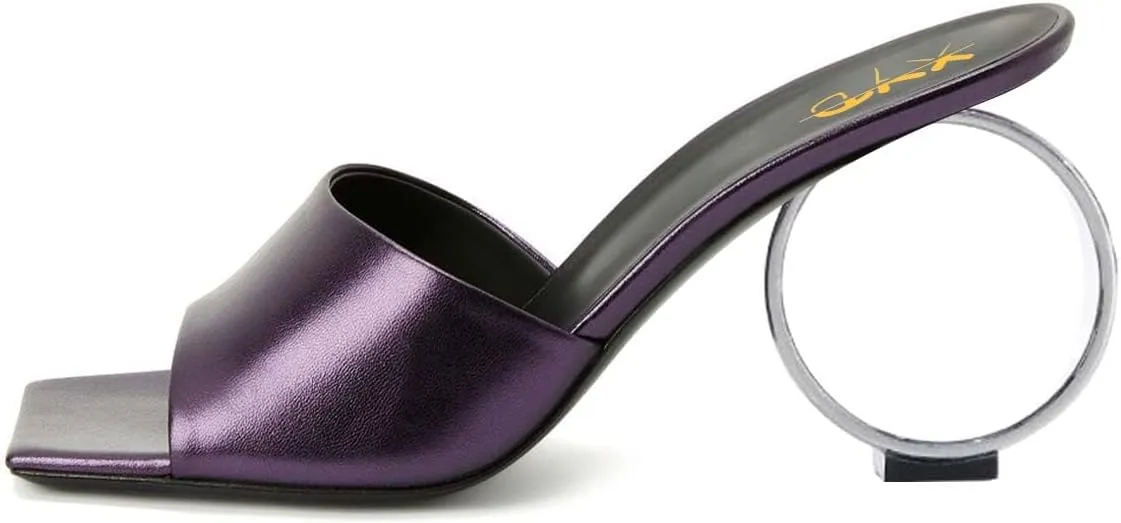 XYD Women Summer Chic Open Square Toe Slide Sandals Round Circle High Heels Slip On Mules Shoes for Event Party Beach Wedding