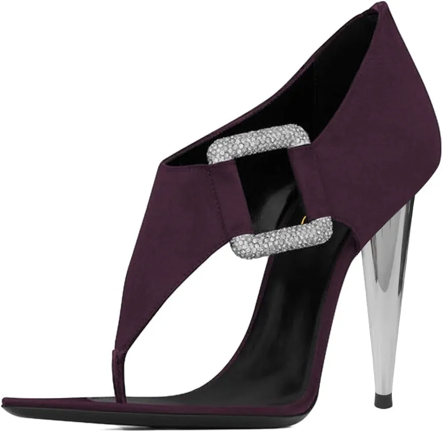 XYD Women's Chic Open Pointed Toe Sandals Back Zip Satin Pumps Cone High Heels Rhinestone Square Buckle Evening Prom Event Shoes