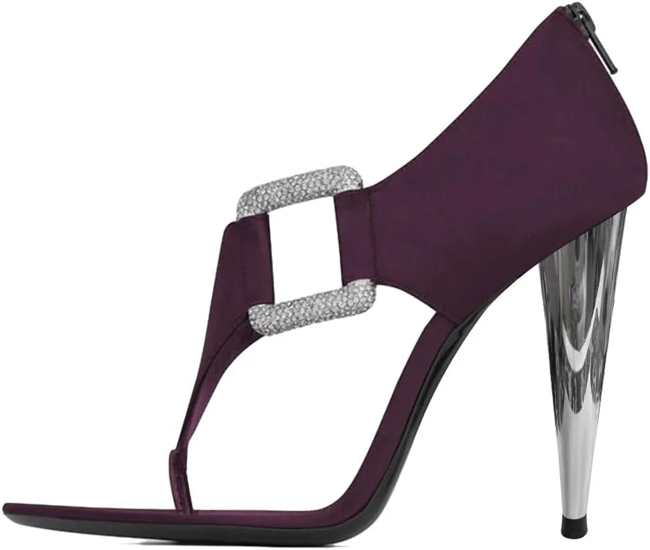 XYD Women's Chic Open Pointed Toe Sandals Back Zip Satin Pumps Cone High Heels Rhinestone Square Buckle Evening Prom Event Shoes
