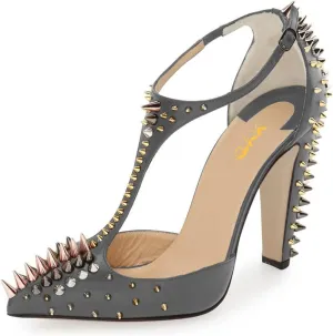 XYD Women's Fashion Rivets T-Strap Chunky Heel Pumps Pointed Toe Spikes Studded Nightclub Party D'Orsay Shoes