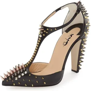 XYD Women's Fashion Rivets T-Strap Chunky Heel Pumps Pointed Toe Spikes Studded Nightclub Party D'Orsay Shoes
