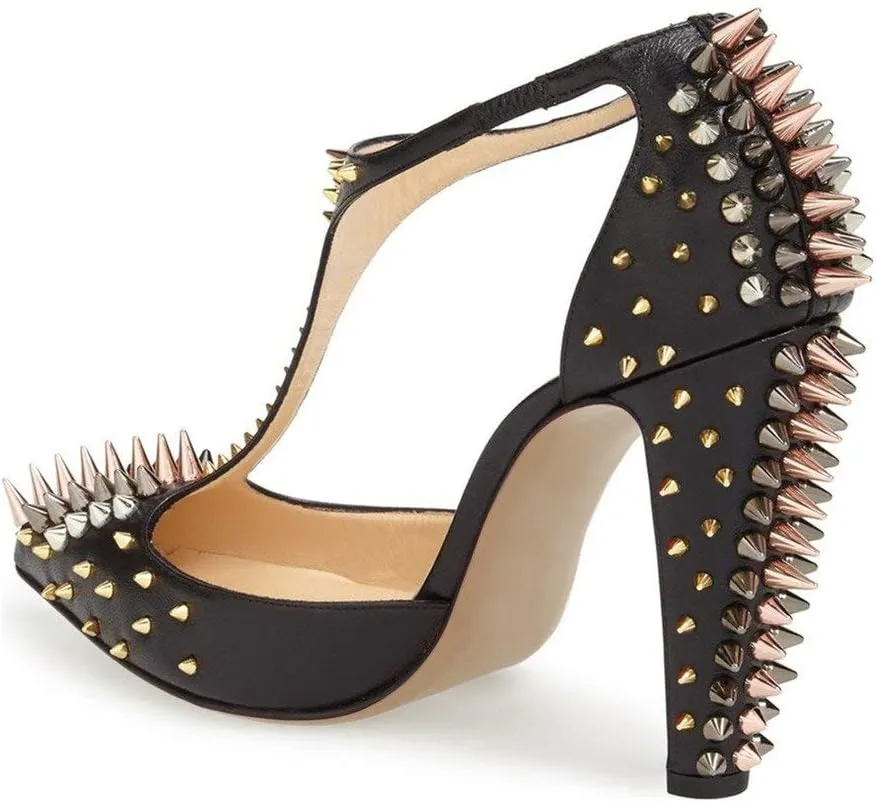 XYD Women's Fashion Rivets T-Strap Chunky Heel Pumps Pointed Toe Spikes Studded Nightclub Party D'Orsay Shoes