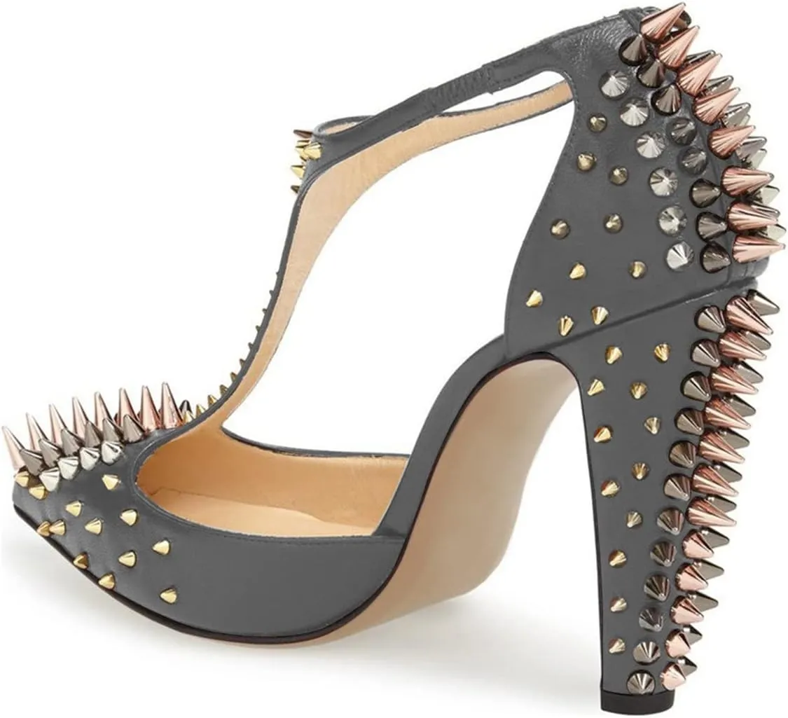 XYD Women's Fashion Rivets T-Strap Chunky Heel Pumps Pointed Toe Spikes Studded Nightclub Party D'Orsay Shoes