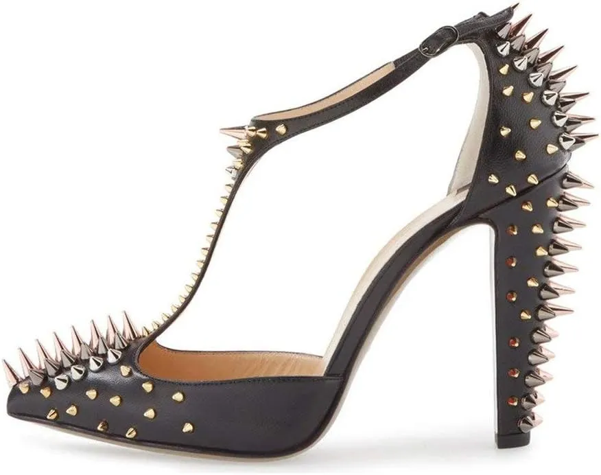 XYD Women's Fashion Rivets T-Strap Chunky Heel Pumps Pointed Toe Spikes Studded Nightclub Party D'Orsay Shoes