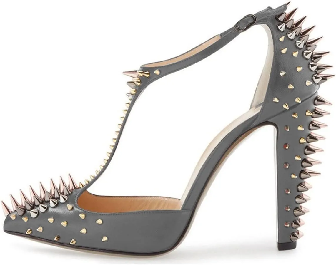 XYD Women's Fashion Rivets T-Strap Chunky Heel Pumps Pointed Toe Spikes Studded Nightclub Party D'Orsay Shoes